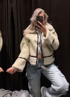 white fur biker jacket super warm Long sleeve collared jacket Contrast tab metal zip moto biker jacket #newarrival #women #warmclothing #winterclothing #bikerjacket #fauxfur #fauxfurjacket #bikercoat #jacket #wintercoats Down Parka Women, Fur Jacket Women, Collared Jacket, Moto Biker Jacket, Retro Streetwear, Motorcycle Women, Fall Coat, White Fur, High Waisted Denim