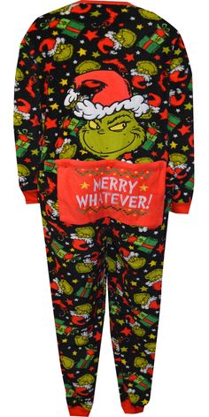 Time to feel Grinchy! This union suit style pajama for women features the much loved Grinch Who Stole Christmas on a black micro plush background with Christmas presents and stockings. There is even a drop seat that says 'Merry Whatever'. Machine washable and easy care. Missy cut. Grinch Pants, Merry Whatever, Grinch Pajamas, Womens Onesie, Dr Seuss Grinch, Grinch Who Stole Christmas, Union Suit, Lounge Pants Womens, Take Home Outfit