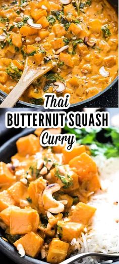 two pictures of butternut squash curry and rice