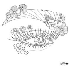 an eye with flowers and leaves on it, in black and white coloring book page