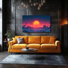 a living room with a couch, coffee table and painting on the wall