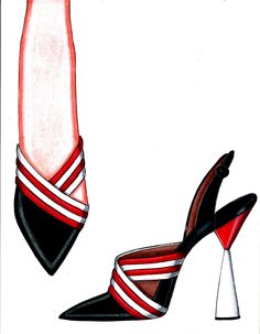 a drawing of a woman's high heeled shoes with red and white stripes