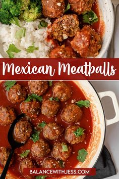 mexican meatballs in a red sauce with rice and broccoli on the side