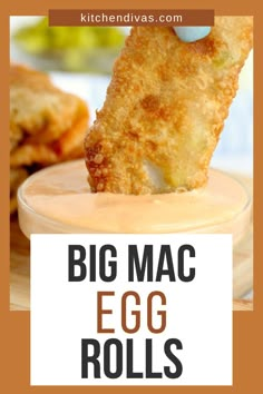 Closeup shot of Big Mac egg roll being dipped into small bowlful of Big Mac sauce. Big Mac Spring Rolls, Hamburger Egg Rolls Recipes, Big Mac Pinwheels, Egg Roll Recipes Beef, Sloppy Joe Egg Rolls, Cheese Burger Egg Rolls Recipe, Ham And Cheese Egg Rolls, Appetizer Egg Rolls, Egg Roll Wrap Recipes