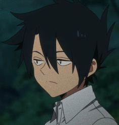 an anime character with black hair and white shirt looking at something in front of him