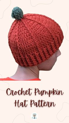 the crochet pumpkin hat pattern is knitted in red yarn with a green pom - pom