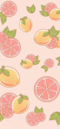 a bunch of oranges and lemons on a pink background