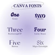 four different font styles are shown in purple and blue colors, with the words canva font