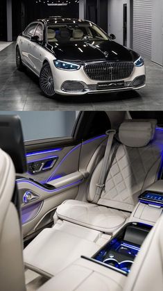 the inside and outside view of a car with blue lights on it's seats