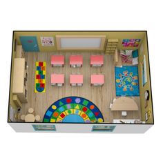 an overhead view of a child's playroom with furniture and toys on the floor