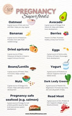 Incorporate these foods into your diet to help you stay healthy and help with baby's development! Pregnancy Eating, Pregnancy Meals, Healthy Pregnancy Food, Pregnancy Snacks, Pregnancy Facts, Pregnancy Help, Pregnancy Checklist, Healthy Pregnancy Tips, Fertility Health