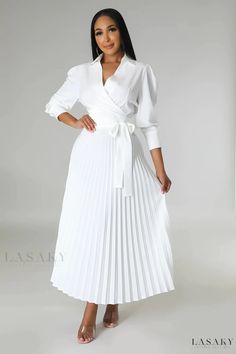 Lasaky - Stylish Long Sleeve High-Waisted Pleated Dress with Collar Birthday Dress Women, Pleated Dresses, Pleated Shirt Dress, Office Dresses For Women, Women's Evening Dresses, Pleated Maxi Dress, Pleated Midi Dress, White Shirt Dress, Vestido Casual