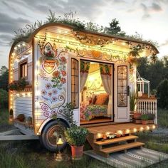 a tiny house is lit up with fairy lights and decorated in the shape of a bed