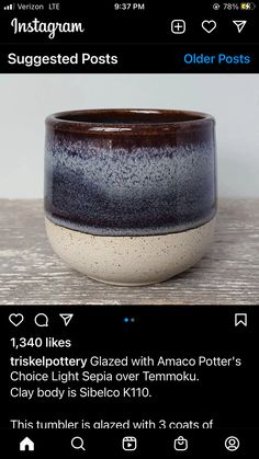 a black and white bowl sitting on top of a wooden table next to an instagram post