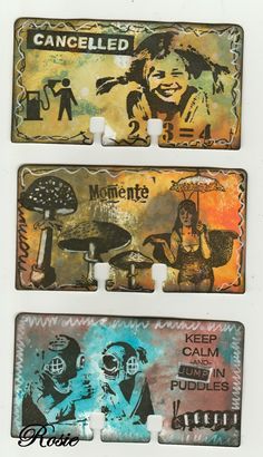 three metal license plates with images of people and animals on them, one has an umbrella