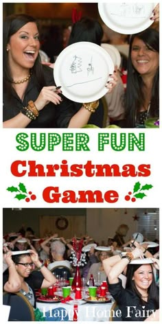 some people are sitting at a table with plates and cups in front of them that say super fun christmas game