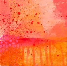 an abstract painting with orange and pink colors on it's surface, including dots