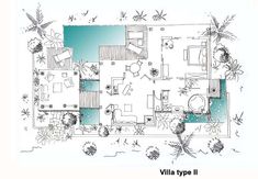 the floor plan for villa type 1, which is surrounded by palm trees and water