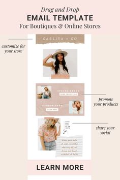 the email template for boutiques and online stores is shown in pink, with text that reads