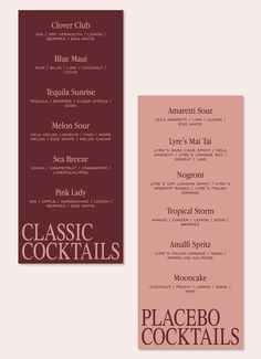 two wine menus, one in red and the other in pink with white lettering