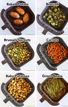 four different types of vegetables are shown in the same pans, including broccoli, brussel sprouts, baby potatoes and green beans