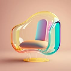 a chair made out of glass sitting on top of a yellow stand with a pink background