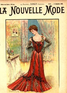 an old fashion magazine cover with a woman in a red dress