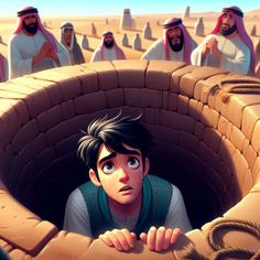 an animated scene of a man in a brick tunnel surrounded by other men