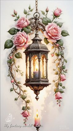 a painting of a lantern with roses on it