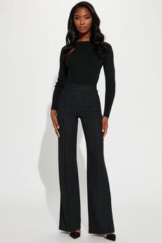 Available In Black/White. Tall: 36" Inseam High Waist Back Zipper Wide Leg Flare Pant Stretch Disclaimer: Stripe Placement May Vary 95% Polyester 5% Spandex Imported | Tall Victoria High Waisted Dress Pant Pinstripe in Black/White size Small by Fashion Nova Womens Pinstripe Pants, Elegant High Waist Pinstripe Pants, Pin Stripe Pants Outfit, Pinstripe Trousers Outfit, Elegant High-waist Pinstripe Pants, Cheap High-waist Pinstripe Pants, Pinstripe Pants Outfit, Chic Pinstripe Wide-leg Bottoms, Fitted Pinstripe Wide-leg Bottoms