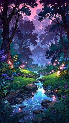 a stream running through a lush green forest filled with lots of trees and flowers at night