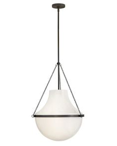 a light fixture hanging from the ceiling with chain around it and a white glass shade