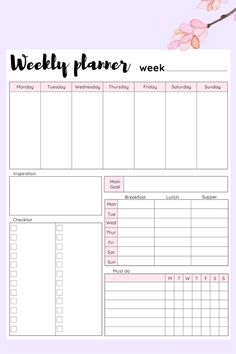 a printable weekly planner with pink flowers on the side and text overlaying it