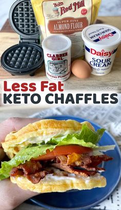 this is an image of a breakfast sandwich with eggs and keto waffles