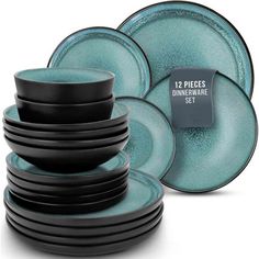 12 pieces dinnerware set with black rims and teal glaze on the plates