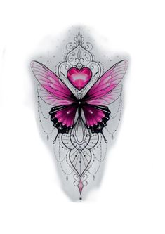 a drawing of a pink butterfly with hearts on it's wings and ornate designs