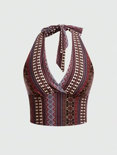 Women's Style Minimalist Halter Neck Tank Top Brown Boho   Knitted Fabric Geometric,Tribal Halter Medium Stretch  Women Clothing, size features are:Bust: ,Length: ,Sleeve Length: Modest Halter Top, Sun Clothes Aesthetic, 70s Shirts For Women, 70s Tops Women, 90s Halter Top, 70s Halter Top, Brown Halter Top, V Neck Halter Top, Hippie Tank Tops