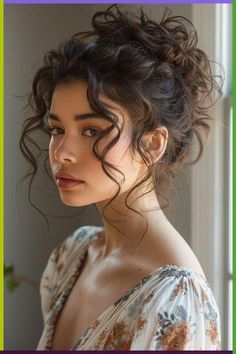 Fairy Bun Hairstyles, Cute Bangs For Curly Hair, Curly Hair Bun For Wedding, Styling Short Hair For Wedding, Space Buns Wedding Hair, Hair Up Do Ideas, Messy Curly Updo Wedding, Short Wavy Updo, Updo Bangs Wedding