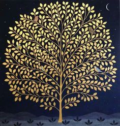 a golden tree with birds sitting on it's branches in the dark night sky