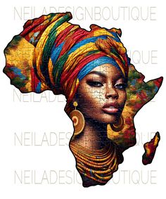 a woman with a colorful headdress and earrings on her head is depicted in the shape of africa