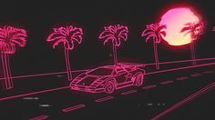 a car is driving down the road in front of palm trees and a pink light