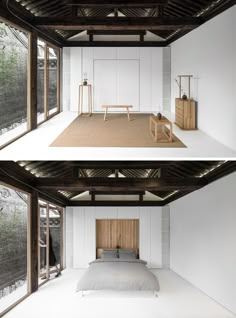 two pictures of a bedroom with white walls and wood furniture in the same room, one is