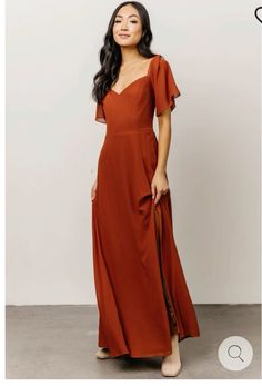 Dark orange bridesmaids dress $68 Baltic Born Rust Dress, Rust Bridesmaid Dress With Sleeves, Sweetheart Neckline Maxi Dress, Baltic Born Dresses, Terracotta Dress Bridesmaid, Rust Dress Outfit Wedding, Fall Dresses To Wear To A Wedding, Fall Wedding Guest Attire, Rust Bridesmaid Dress