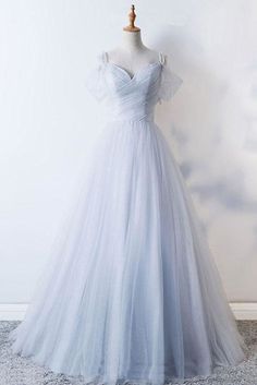 Full Length Light Sky Blue Tulle Off Shoulder Prom Gown Formal Dress Gray Evening Dress, Tulle Straps, Tulle Long Prom Dress, Grey Evening Dresses, Grey Wedding Dress, Beaded Party Dress, Gold Prom Dresses, Long Formal Dress, 파티 드레스