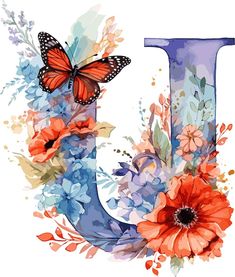 the letter j is decorated with flowers and butterflies