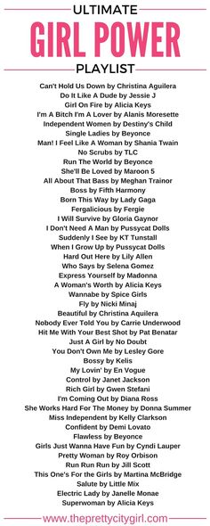 the ultimate girl power playlist is shown in pink and white, with words above it