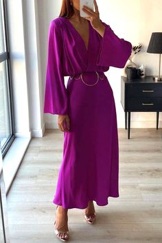 Details: Material: Satin Style: Elegant Pattern Type: Solid Element: Solid Color Neckline: V Neck Silhouette: Bandage Dress Sleeve Style: Flare Sleeve Sleeve Length: Nine Points Sleeve Clothing Length: Long Type: Solid Color Size(in) Bust Waist Hips Dresses Length S 34.6 28.3 37.8 51.6 M 36.2 29.9 39.4 52 L 37.8 31.5 40.9 52.4 Tips:Due to the many variations in monitors, the color in the image could look slightly different, please take physical design and color shall prevail.Please allow 0.4"-1" differs due to manual measurement. Neck Bandage, Satin Style, Long Sleeve Layer, Dress Sleeve Styles, Elegant Pattern, Maxi Dress Prom, Hip Dress, Looks Chic, Style Elegant