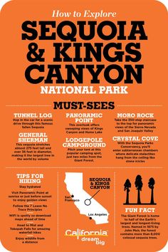 an orange and black poster with the words sequa & kings canyon national park