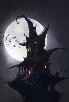 a creepy house with bats flying around it