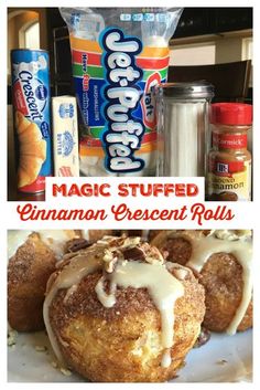 cinnamon crescent rolls with frosting and sprinkles on the top are shown